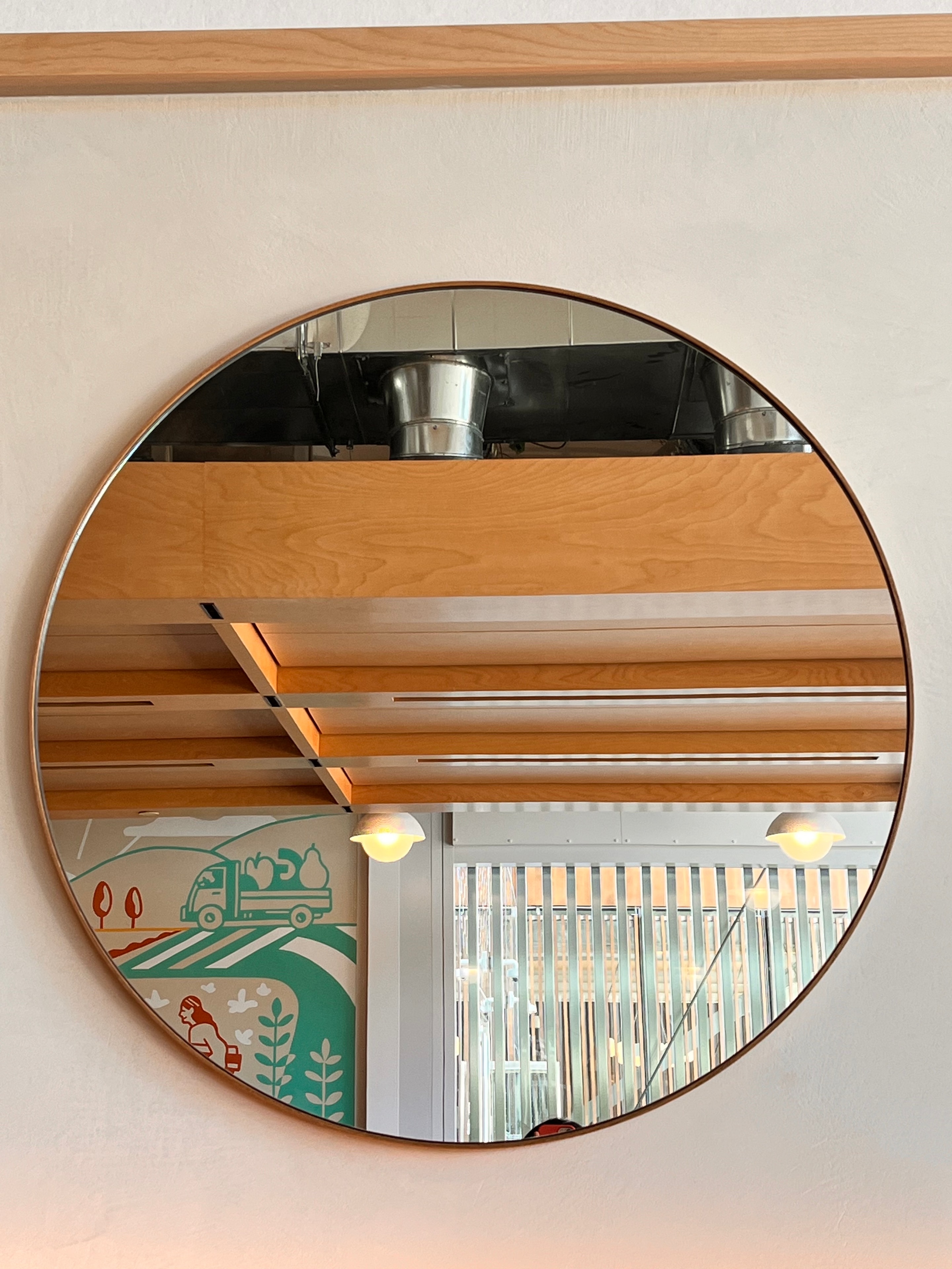 Round mirror reflecting cafe interior